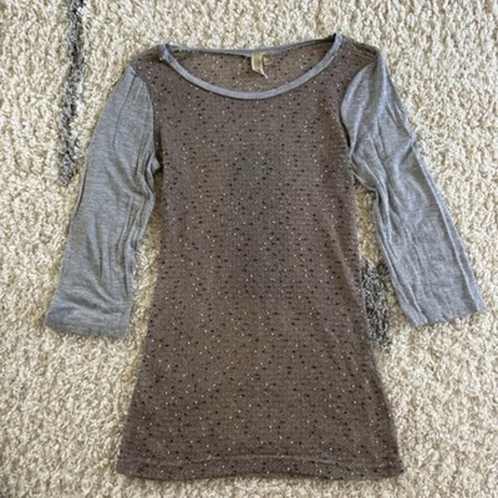 BKE Y2K Brown Gray Open Knit Sheer Long Sleeve Top Medium Raglan Baseball Tee